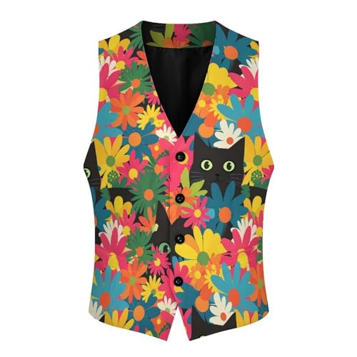 Black Cat Hiding in Spring Flowers Novelty Men's Suit Vest Casual Formal Dress Vests Business Waistcoat3