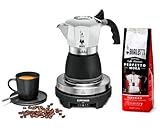 Rommelsbacher Espresso Geschenkset RK 505/K-Mini Kochplatte, 80 mm Ø, stufenlos regelbar, Original Bialetti Moka Kanne, 90 ml, Brühsystem für Crema-Bildung, inkl. 100 g Moka gemahlen, Schwarz/Silber