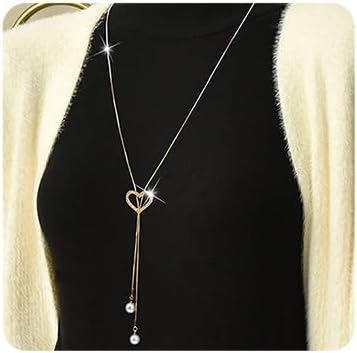 Chargances Crystal Heart Pearl Pendant Long Necklace for Women Statement Rhinestone Sweater Y Necklace Choker Adjustable Elegant Love Jewelry Accessories for Wedding Party Gift