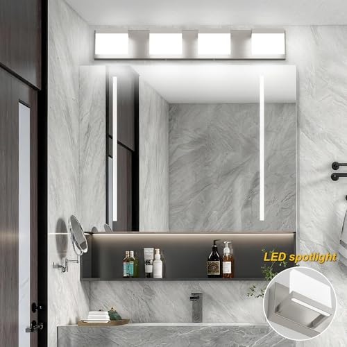Image of Tipace Brushed Nickel Modern Vanity Light Fixtures 4 Lights LED Bathroom Lights Up and Down Bathroom Wall Lighting Over Mirror(White Light 6000K)