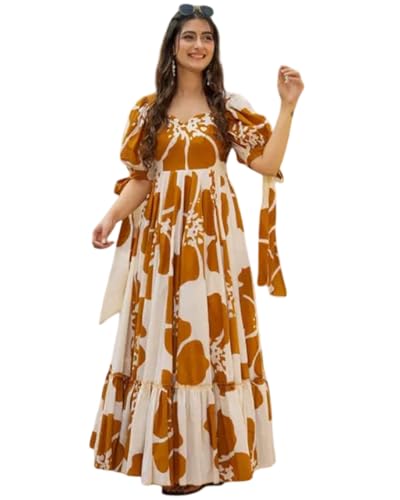 Image of Women Floral Printed Tiered Maxi Dress with Puff Sleeves, Empire Waist, Tie-Up Detail, Flared Long Dress for Casual Wear, Summer Outings, Vacation & Resort Wear - Causal Gown for Women