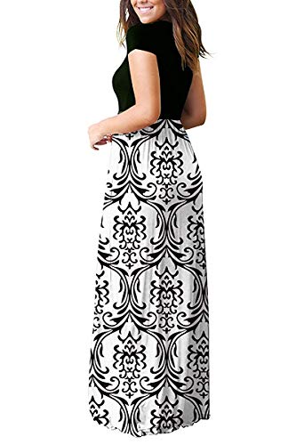 Auselily Women Short Sleeve Loose Print Floral Pleated Casual Long Maxi Dresses With Pockets (Xl, Black White) #TOP3