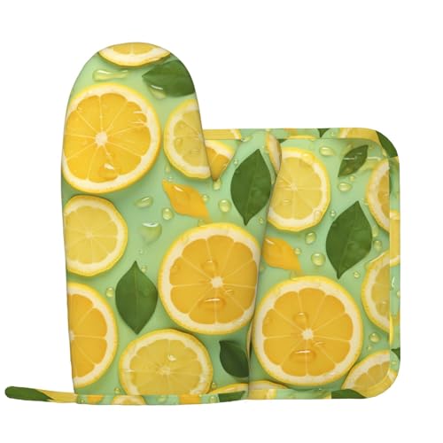 Set di 2 guanti da forno e presine con motivo a fette di limone sulla parte superiore, resistenti al calore, impermeabili, guanti da forno da cucina, presine, guanti antiscivolo per barbecue, cucina,