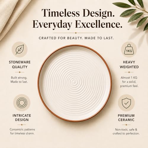 Image of TRESA Stoneware Ceramic Dinner Plate | White with Brown Rim |10.5 Inch, Matte Finish, Cafe Style Textured Round Plate for Everyday Use