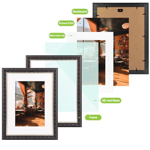 Image of Golden State Art, 12X16 Ornate Finish Photo Frame with White Mat for 8X12 Picture & Real Glass, Color: Black with Silver & Burgundy
