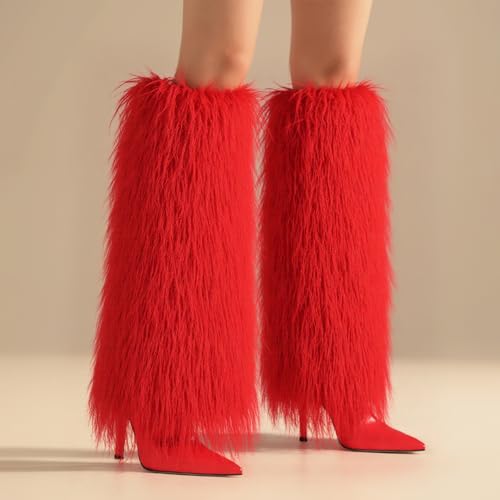 Womens Furry Boots Knee High Fold Over Tall Boot Wide Calf Pointed Toe Stiletto High Heel Fall Winter Boots for Women3