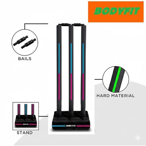 Image of Bodyfit Heavy Cricket Stumps | Plastic Wickets Set with 3 Stumps + 2 Bails + 1 Stand | Full Size Wickets for Cricket Ground, Tournament Wicket. (Black-BluePnk)