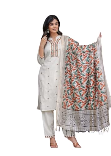 Image of Women's Cotton Embroidered Straight Kurti With Pant and Dupatta Set