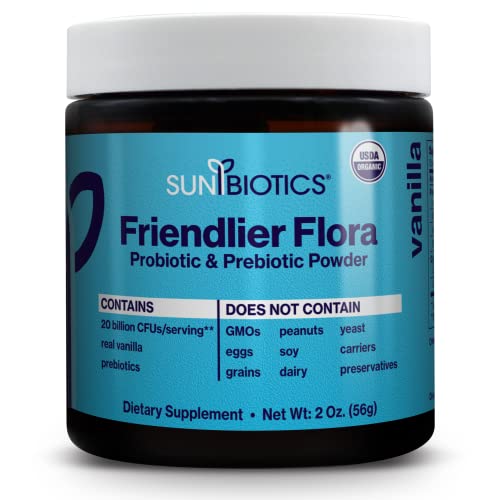 SUNBIOTICS Friendlier Flora: Vanilla, 20 Billion CFUs of 4 Probiotic Strains, Daily Probiotic Supplement, Non-GMO, Dairy-Free, Soy-Free and Gluten Free, 2 Ounce