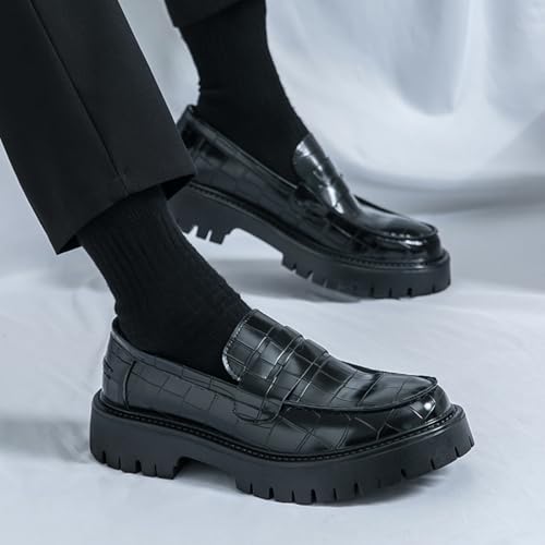 Men's Crocodile - Embossed Upper Loafers, Classic Round - Toe, Chunky - Heel, Slip - on Design and Glossy - Surface Business Casual Formal Shoes3