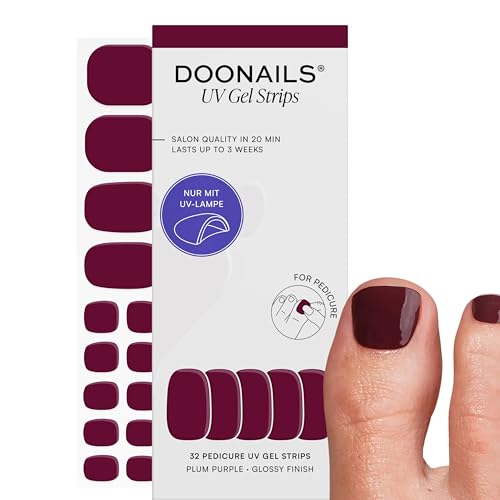 DOONAILS UV Gel Strips Pediküre Plum Purple Tiefes Violett Nagelfolie UV härtend 32 Strips in 16 Größen Bis zu 3 Wochen Halt HEMA-frei & vegan Salonqualität