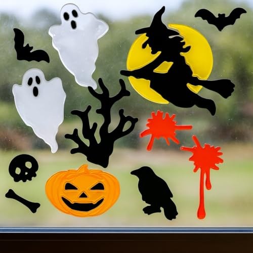 Halloween Gel Window Stickers – 4 Sheets Spooky Gel Clings for Windows, Mirrors & Glass – Ghosts, Pumpkins, Haunted House, Witch, Bats & More – Reusable Halloween Decorations - Image 6
