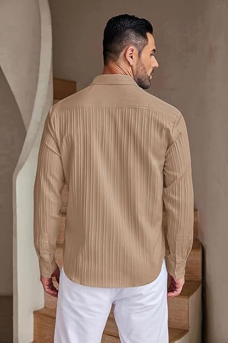 Image of Men's Textured Striped Casual Shirt, Beige, Long Sleeve, Button-Down, Relaxed Fit, Size - M