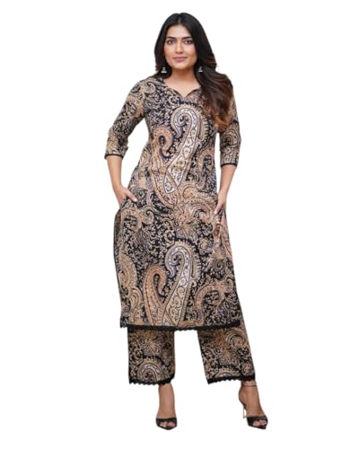ANILINE Elegant Paisley Print Kurta Set with Palazzo Pants, 3/4 S...