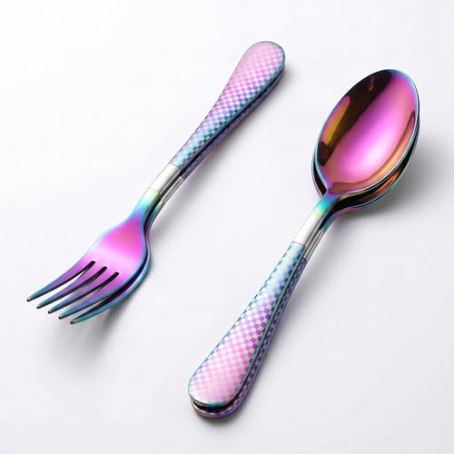 Image of Rainbow 4-Piece Cutlery Set - 2 Tablespoons & 2 Dinner Forks (8.1 inch) with Checks Printed Handles, Durable Stainless Steel Tableware, Ideal for Home, Restaurant, and Gifting