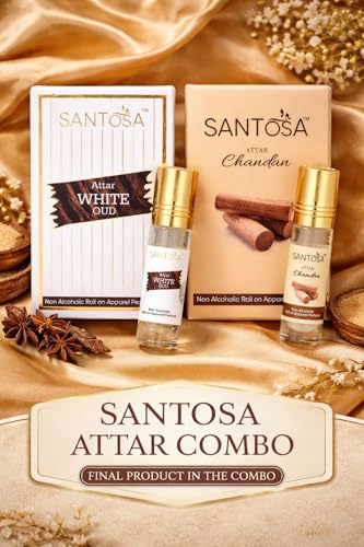 Image of Santosa Chandan & White Oud Attar - 2 x 6ml Alcohol-Free Roll-On Perfumes - Long-Lasting Sandalwood & Woody Oud Itra for Men & Women - Natural Fragrance Gift Set