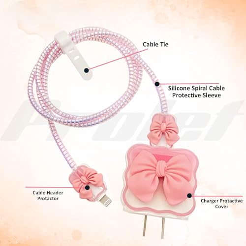 Image of 3D Bow Design Case Cover for iPhone Adapter Compatible with 18W and 20W Charger Only 360 Full Protection Silicone Case Cover 5 in 1. (Pink Bow)