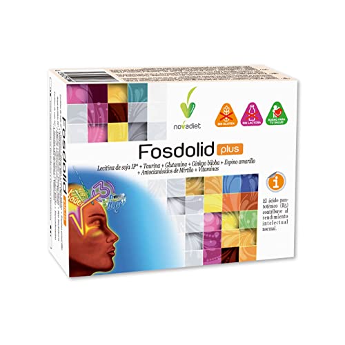 Novadiet - FOSDOLID PLUS Cápsulas con Taurina, Glutamina, Ginkgo biloba, Espino amarillo, Mirtilo y Vitaminas B, Apoyo al Rendimiento Intelectual y Energía - Estudiantes y Tercera Edad - 60 Cápsulas