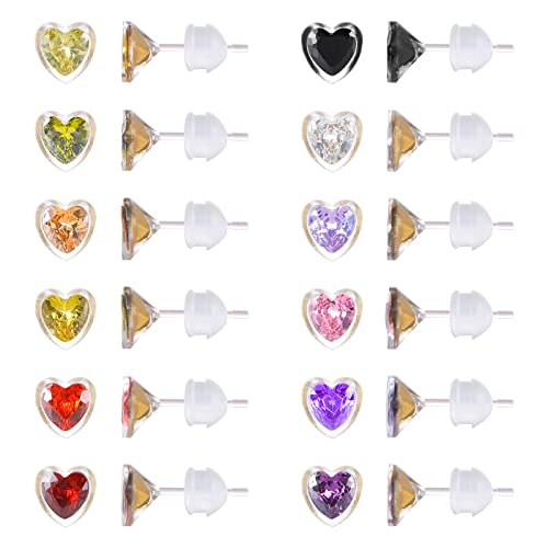 Lot de 12 paires de boucles d'oreilles à tige en plastique pour oreilles sensibles, étoile et cœur en plastique avec pierre de naissance et oxyde de...