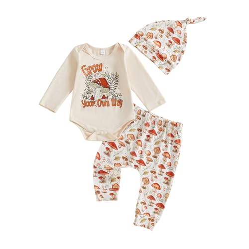 Image of Amnnchya Newborn Girls Boys Clothes Cute Mushroom Print Romper Pants Hat Set Fall Winter Outfits Baby Coming Home Outfit