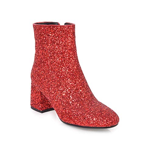 Elyffany Bottines à paillettes pour femme à talon bloc moyen avec fermeture éclair, Rouge, 41 EU