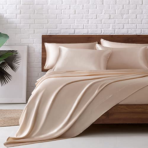 Image of MR&HM Satin Bed Sheets, King Size Sheets Set, 6 Pcs Silky Bedding Set with 15 Inches Deep Pocket for Mattress (King, Champagne)