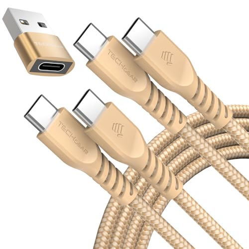 TECHGEAR USB C to USB C Charger Cable 60W (1M+1M+Adapter) Braided Fast Charging Type C Data Lead for iPhone 17 16 15 Pro Max, iPad A16 Air Pro, Samsung S26 S25 S24 A17 A36 A56, Pixel, MacBook, Switch