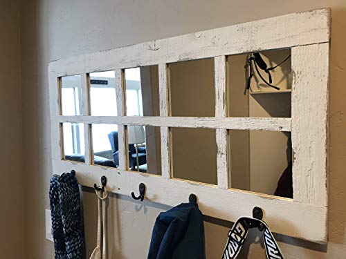 Long Window Pane Mirror With Decorative Coat Hooks, (36.5 X 18 Inches) 10 Pane Frame Rustic, Farmhouse Entryway Wall Decor, Wooden Hallway Windows, French Country Kitchen Apron Rack. Allbarnwood #TOP6