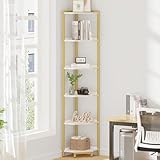 Hzuaneri Corner Shelf Stand, Corner Bookshelf, Storage Standing Shelf Unit with Metal Frame, Plant Stand, Corner Bookcase for Living Room, Home Office, Bedroom, 6-Tier White Gold CS06003A