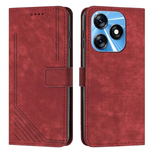 Étui Tecno Spark 10 housse portefeuille en cuir rouge avec dragonne et porte-carte amovible