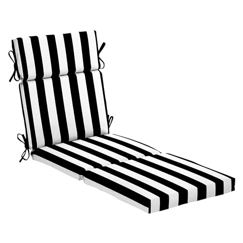 Arden Outdoor Chaise Lounge Cushion, 22 x 77, Rain-Proof, Fade Resistant Black Cabana Stripe