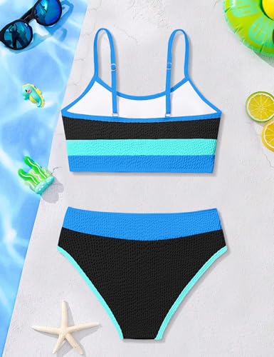 Image of Girls Bathing Suit Color-Block Adjustable Straps Bikini Sets Girls Two Piece Swimsuits with Chest Pad Swimwear 7-18T