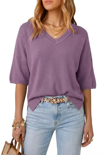 Image of Arach&Cloz Women's Wool Blend Elbow Sleeve Summer Oversized Casual Sweater | Versatile, Fall Layering Soft, Anti-pilling