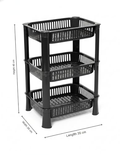 Image of U-Max Multi Tire Kitchen Storage Rack, Plastic Utility Shelf Organiser, Space Saving Storage Solution, Revolving Vegetable Rack (Black-Regular, 3)