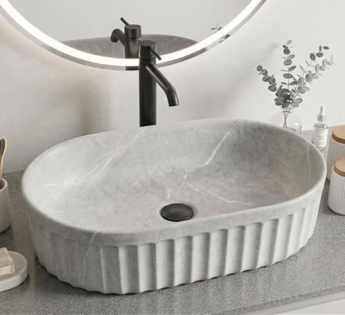 Image of BASSINO 22x14x6 Inches Ceramic Table Top Wash Basin /Designer Bathroom Sink /Matt Countertop Vessel Basin /Oblong-Oval Above Counter Basin /Wash Basin for Bathroom /Dining Hall(White and Grey Marble)