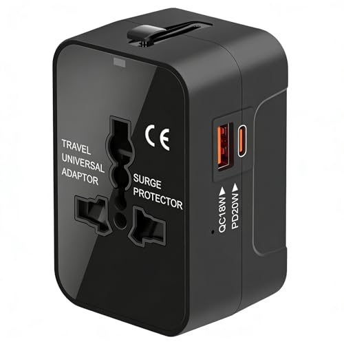 Universal Travel Adapter Worldwide, GaN Fast Charging with PD 3.0 USB-C & USB-A Quick Charge Ports, All-in-One International Power Plug Adapter Converter AC Wall Charger for Europe USA UK AUS Black