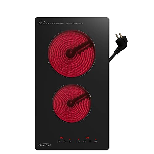 COVERCOOK Domino Glaskeramikkochfeld 30 cm, 2 Zonen elektrisches Kochfeld mit Stecker, Elektrokochfeld für alle Töpfe, glatte Arbeitsplatte aus schwarzem Glas, Touch-Steuerung, Timer, 3000 W