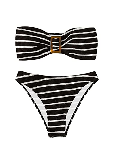 Image of GORGLITTER Women's Strapless Bandeau Swimsuit High Waisted Thong Textured Bikini Set Bathing Suit