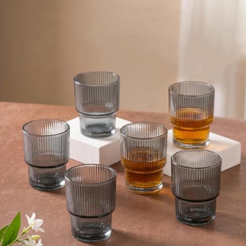 Image of 220 ML Premium Black Ribbed Drinking Glasses Set of 6, Vintage Water & Juice Glass Tumblers, Textured Glassware for Whiskey, Cocktail, Mocktail, Soft Drinks & Everyday Use (MT-46)