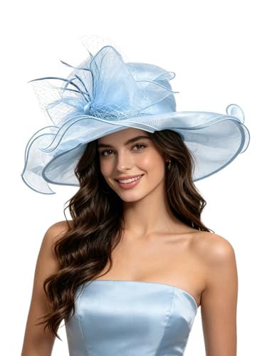 Haojing Womens Organza Church British Fascinator Bridal Tea Party Wedding Hat Summer Ruffles Cap (23-Ligth Blue)