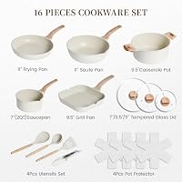 Kikcoin 16Pcs Ceramic Pots and Pans Set Non Stick, Includes a 9.5" Grill Pan, Induction Kitchen Cookware Sets, White Nonstick RV Kitchen Camping Cooking Sets Stackable (PTFE, PFOS, PFOA Free) — image 3