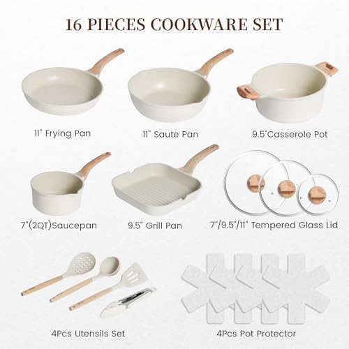 Kikcoin 16Pcs Ceramic Pots and Pans Set Non Stick, Includes a 9.5" Grill Pan, Induction Kitchen Cookware Sets, White Nonstick RV Kitchen Camping Cooking Sets Stackable (PTFE, PFOS, PFOA Free) by Kikcoin - Image 3