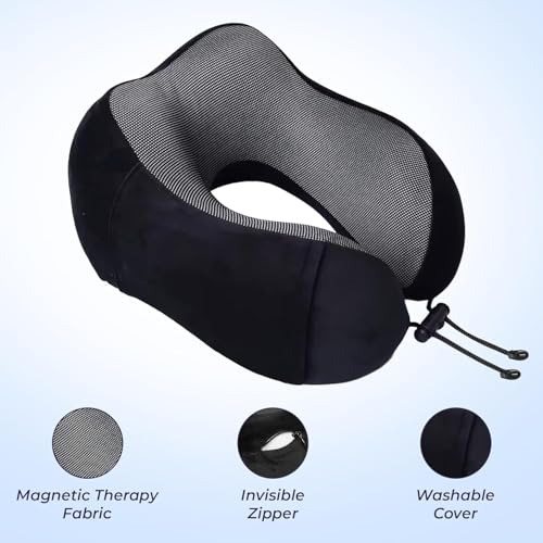 Image of Billebon Extra Soft Memory Foam Luxury Travel Neck Support Rest Pillow with Soft Washable & Removable Cover, Multipurpose Comfortable Travel Pillow for Airplane(Black Combo)