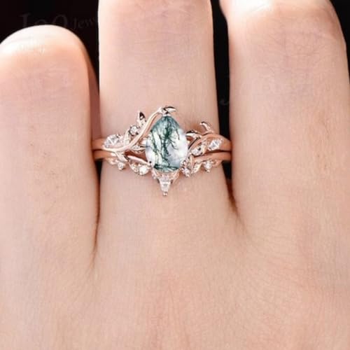Natural Moss Agate Ring Set - S925 10K/14K/18K Gold Unique Moss Agate and Moissanite Engagement Rings for Women Promise Wedding Bridal Set Free Engraving3