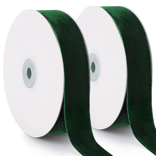 Dark Green Velvet Ribbon, 1 Inch x 20 Yards Single Faced Green Ribbon for Gift Wrapping, Bow Making, Christmas Tree Decorations, Wreath Making and DIY Crafts (10 Yards Each Roll)