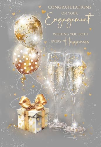 Cherry Orchard | Gorgeous Congratulations on your Engagement Card | Elegant Champagne Glasses & Golden Balloons | Gold Foil Text | 5 X 8 | Complete with Envelope