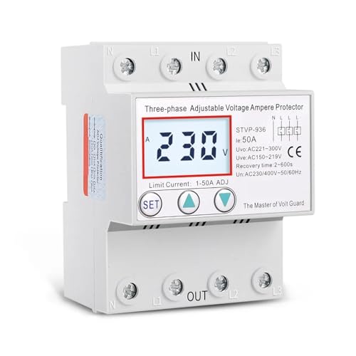 3 Phase AC 380V 400V 50A Multifunctional Over Under Voltage and Over Current Protection Device Automatic Recovery Voltage Relay 1Pcs