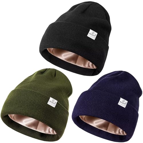 Image of 3 Pack Satin Lined Winter Beanie Hats for Women Men,Silk Lined Beanie Knit Soft Warm Cuffed Hat