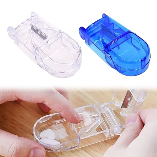 2 Taglia-Compresse Con Lama Di Precisione E Portapillole, Per Divisione Precisa, Ideale Per Anziani, Cura E Trasporto (Blu,Bianco).