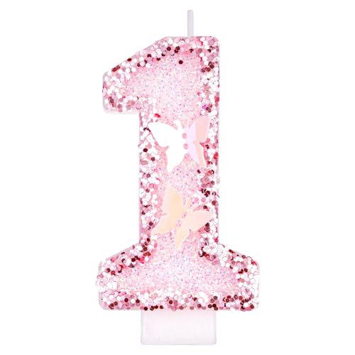 Alaoo Velas Cumpleaños Números 1,3D Mariposas Rosa Vela,Vela de Número 1 de Pastel Decoración,para Aniversarios,Baby Shower de Cumpleaños,Rosa